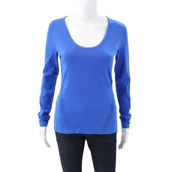 Diane Von Furstenberg Womens Ribbed Back Scoop Neck Long Sleeve Top Blue Small - Picture 1 of 5